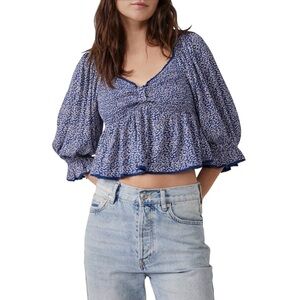 Free People Brittnee Print Smocked Back Peplum Blouse Top NWT BLUE XS